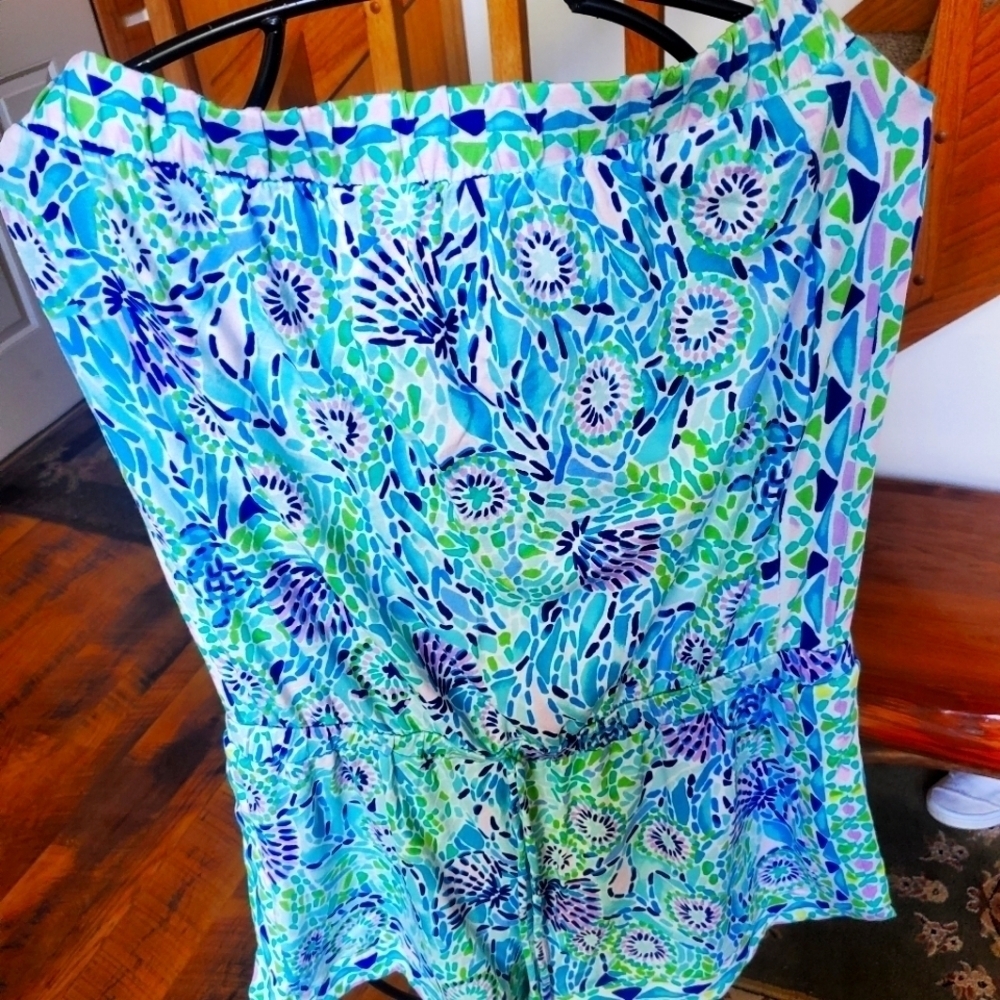 Lilly Pulitzer Blue Green Mosaic Floral Strapless Romper Size L Drawstring Waist